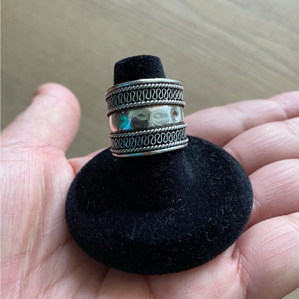 Vintage sterling silver wide band ring with scroll detail